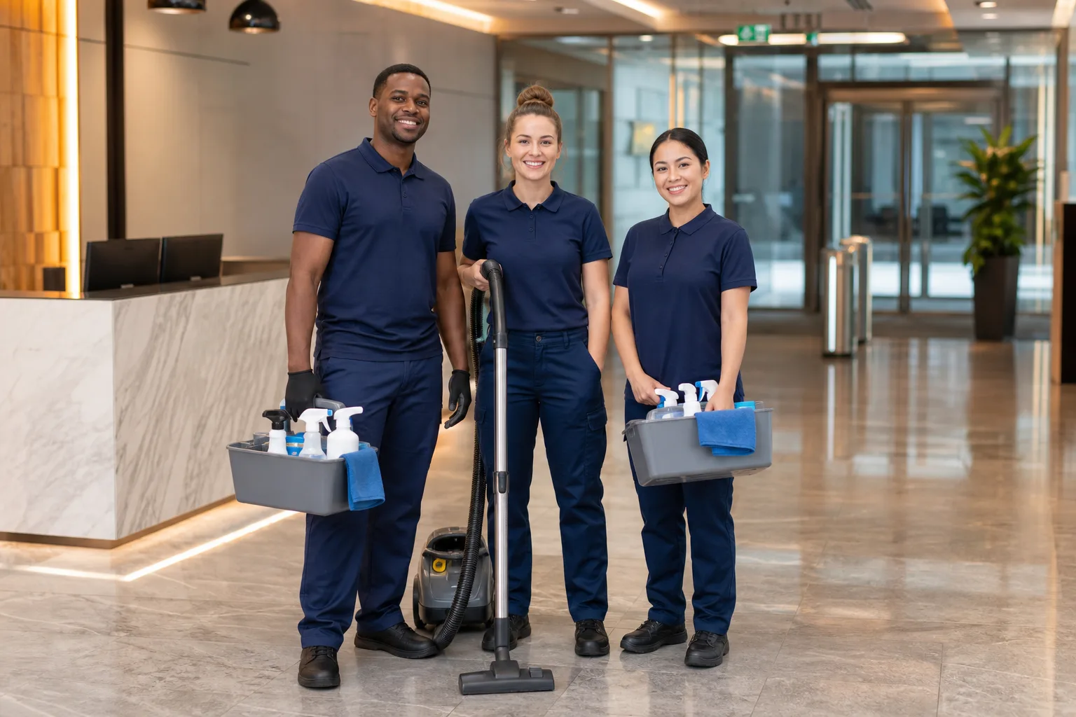 Simba Cleans commercial cleaning team in a modern office lobby