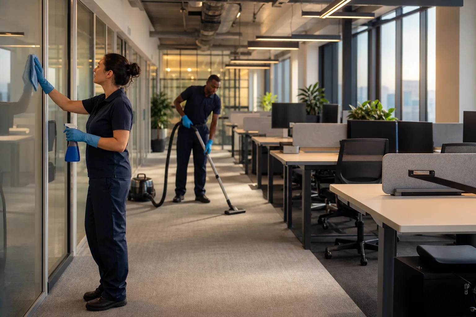 Professional cleaners maintaining a modern Hampshire office